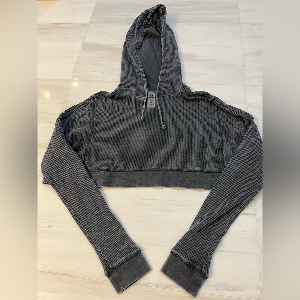 Mono B Thermal Cropped Waffle Hoodie Sweatshirt